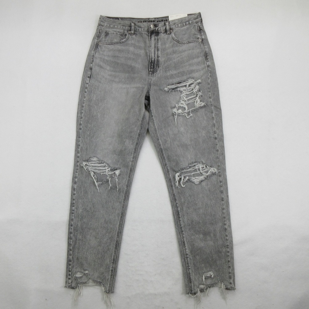 American Eagle Women Jeans 12 Long Mom Charcoal Ash Grey Distressed Ripped New